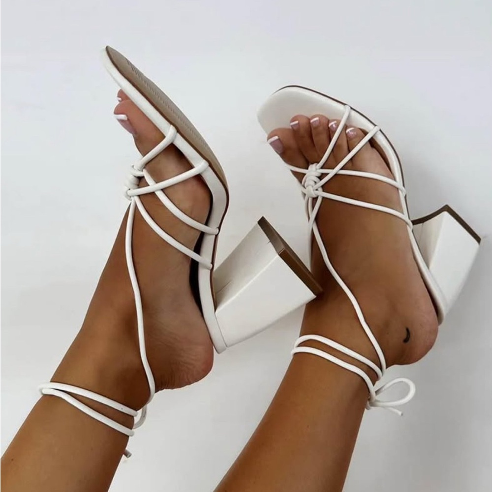 Elegant White Strappy Block Heel Sandals